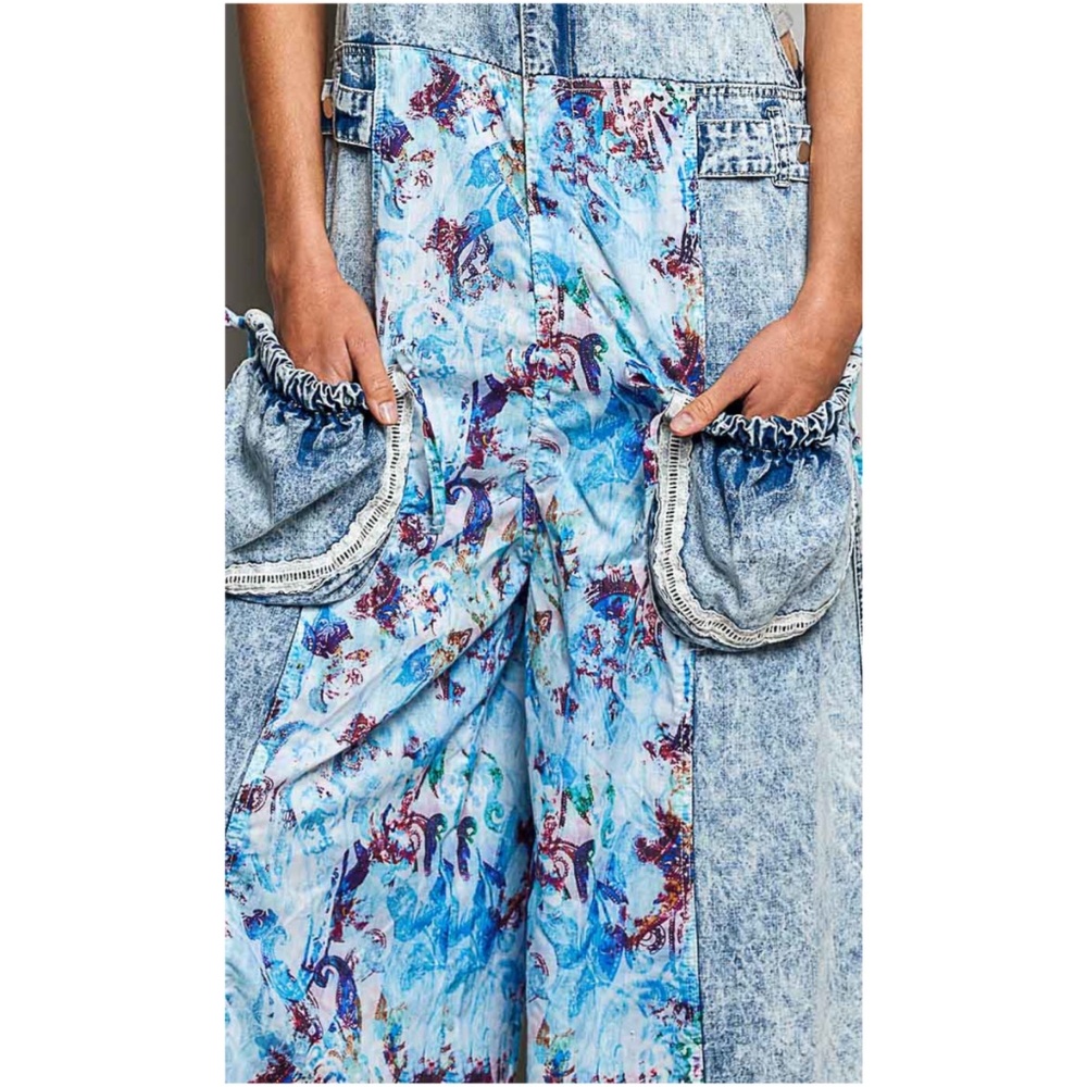 POL Acid Wash Floral Print Pockets Wide leg Denim Jean Bib Overalls - Picture 4 of 5